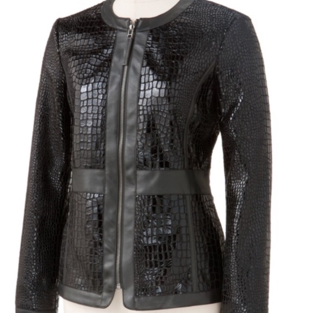 Dana Buchman Black Croc Embossed Faux Leather Jacket XS